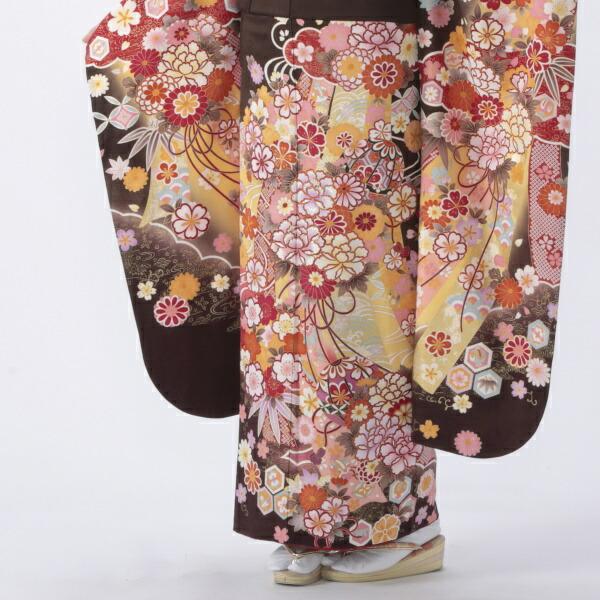 京都きもの友禅 振袖 中古 フルセット 成人式 Mサイズ 古典 茶系 着物
