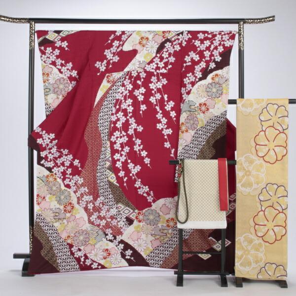 京都きもの友禅 振袖 中古 フルセット 成人式 Mサイズ 古典 赤・ワイン