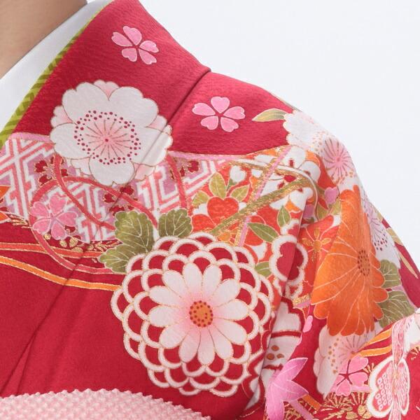 京都きもの友禅 振袖 中古 フルセット 成人式 Mサイズ 花柄 赤・ワイン
