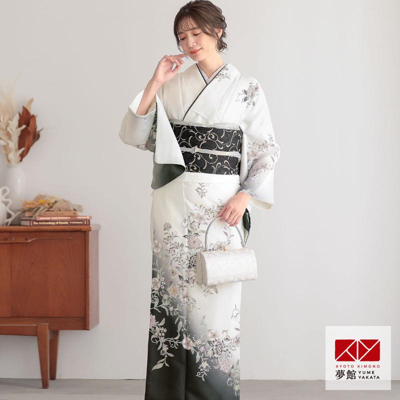 訪問着 レンタル 入学式 卒業式 結婚式 袷 白 更紗に黒ぼかし 七五三