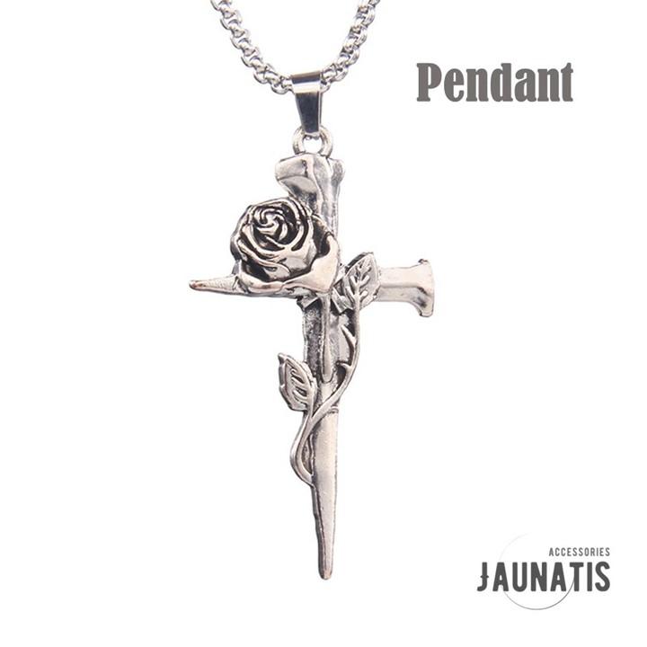 ペンダント ネックレス 十字架 クロス 薔薇 バラ ローズ 花 釘 釘