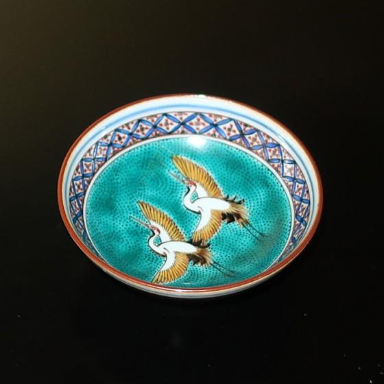 九谷焼 酒杯（平盃）ぐい呑み 酒器 古九谷風色絵双鶴図 （故）西田伸也