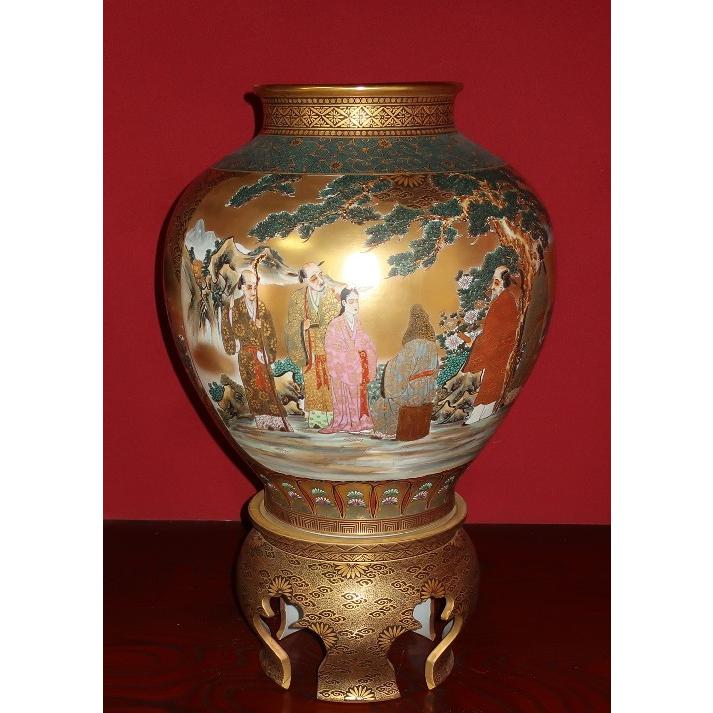 九谷焼 【故物】花瓶 陶器 特大台付花瓶（24号高さ74cm)）本金割取 七
