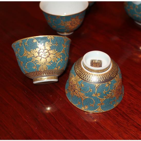 九谷焼 茶道具 茶器(急須・碗5ヶ入）九谷焼 本金青粒牡丹 錦泉作