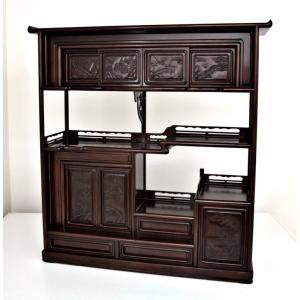 受注生産品 座敷机 黒檀 漆仕上げ 4.5尺 山水彫り 座卓 唐木 唐木家具