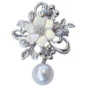 ブローチ 花 パール 真珠 南洋白蝶真珠 ホワイト系 直径10mm 白蝶貝 花