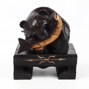 254/日展木彫作家 西田秀 木彫 牛彫刻「力闘 」☆木箱・布 ☆井波彫刻