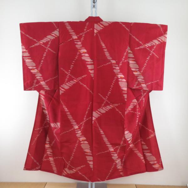 小紋 アンティーク銘仙 銘仙着物 裏地紅絹 袷 朱色x黄色 幾何学柄
