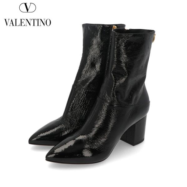 バレンティノ エナメル黒 光沢 ジッパーショートブーツ バレンティノ