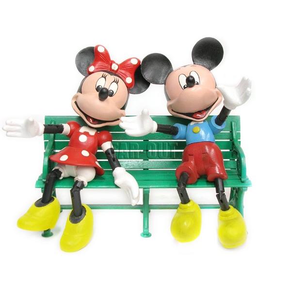 ミッキー&ミニー 木製ドール 2点セット ベンチ付き マホガニー 人形