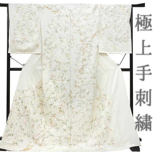 訪問着 手刺繍 総刺繍 正絹 白地 桜 未仕立て 仮絵羽 フォーマル 礼装