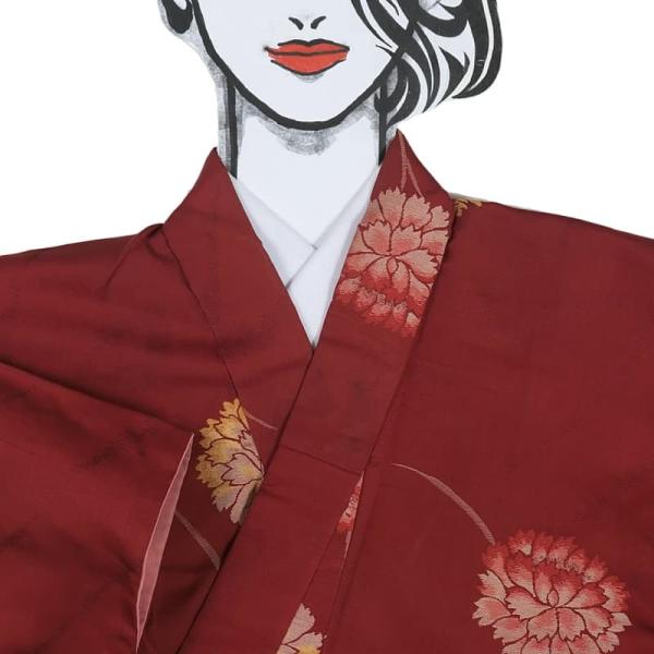 リサイクルお召し織物 銘仙 お召 お洒落 着物袷 赤 紅絹 丈147cm 裄