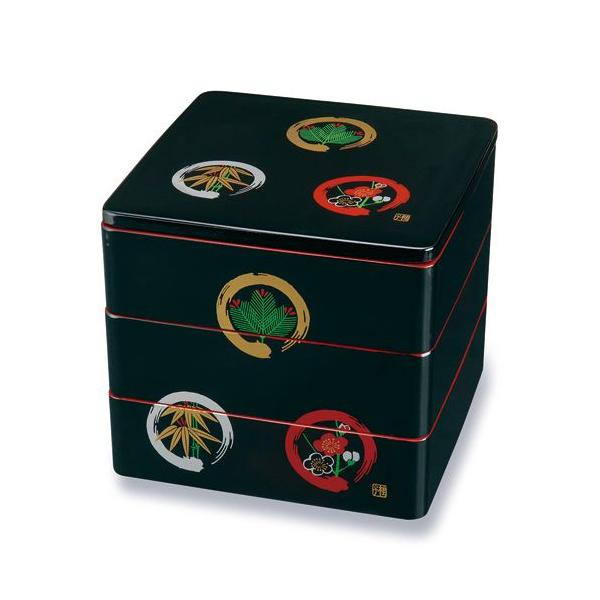 みよし漆器本舗 紀州塗り 7寸 三段 重箱 黒内朱 丸に松竹梅 運動会