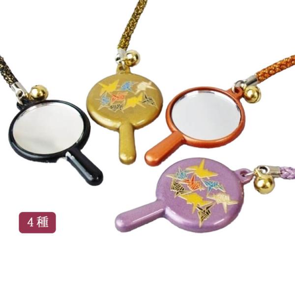 ミラーストラップ 蒔絵風 鶴 鈴付き 全4色 (ブラック/ゴールドー