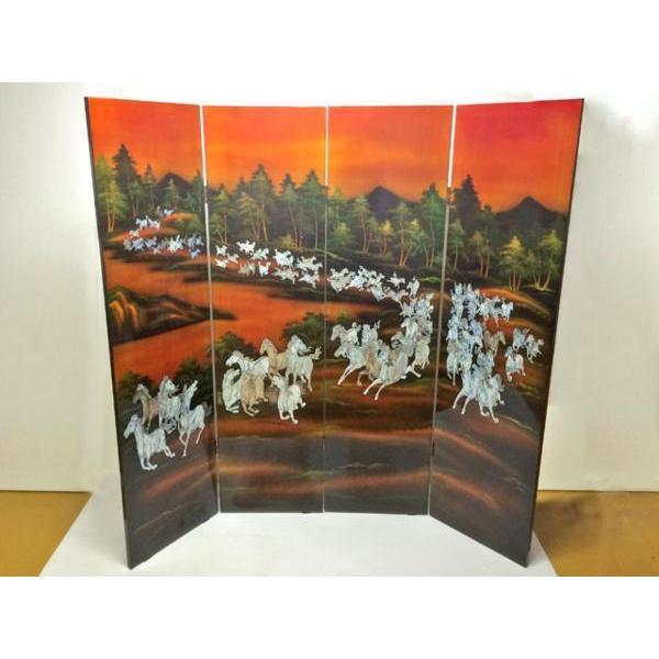 絵画 工芸品 漆 ◇ 屏風 九十九頭馬螺鈿 中国製 四曲一隻 群馬 漆芸