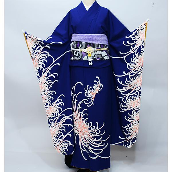 振袖 着物 単品 合繊 仕立て上がり 紺色 菊の花 成人式 結納 結婚式