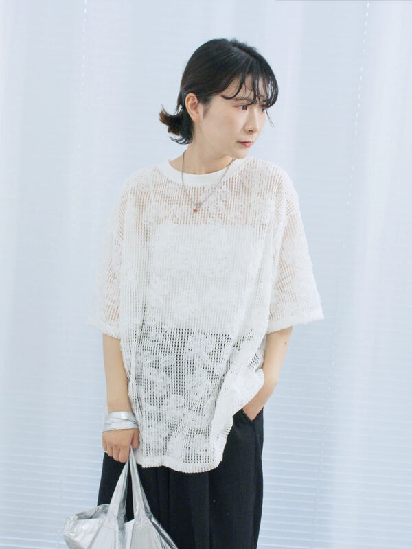 セール】 チュールフラワーコードTシャツ（オフホワイト/グレー