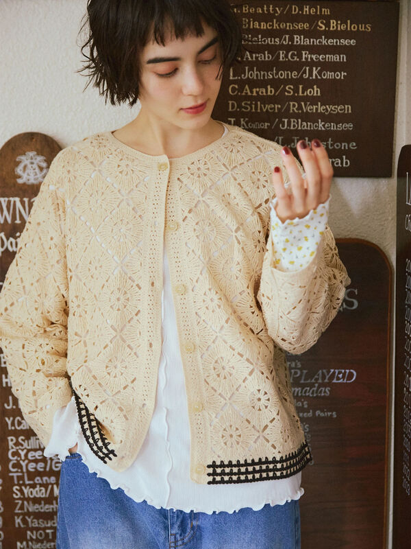 セール】 クロシェ編み風カーディガン（ブラック/オレンジ/グリーン