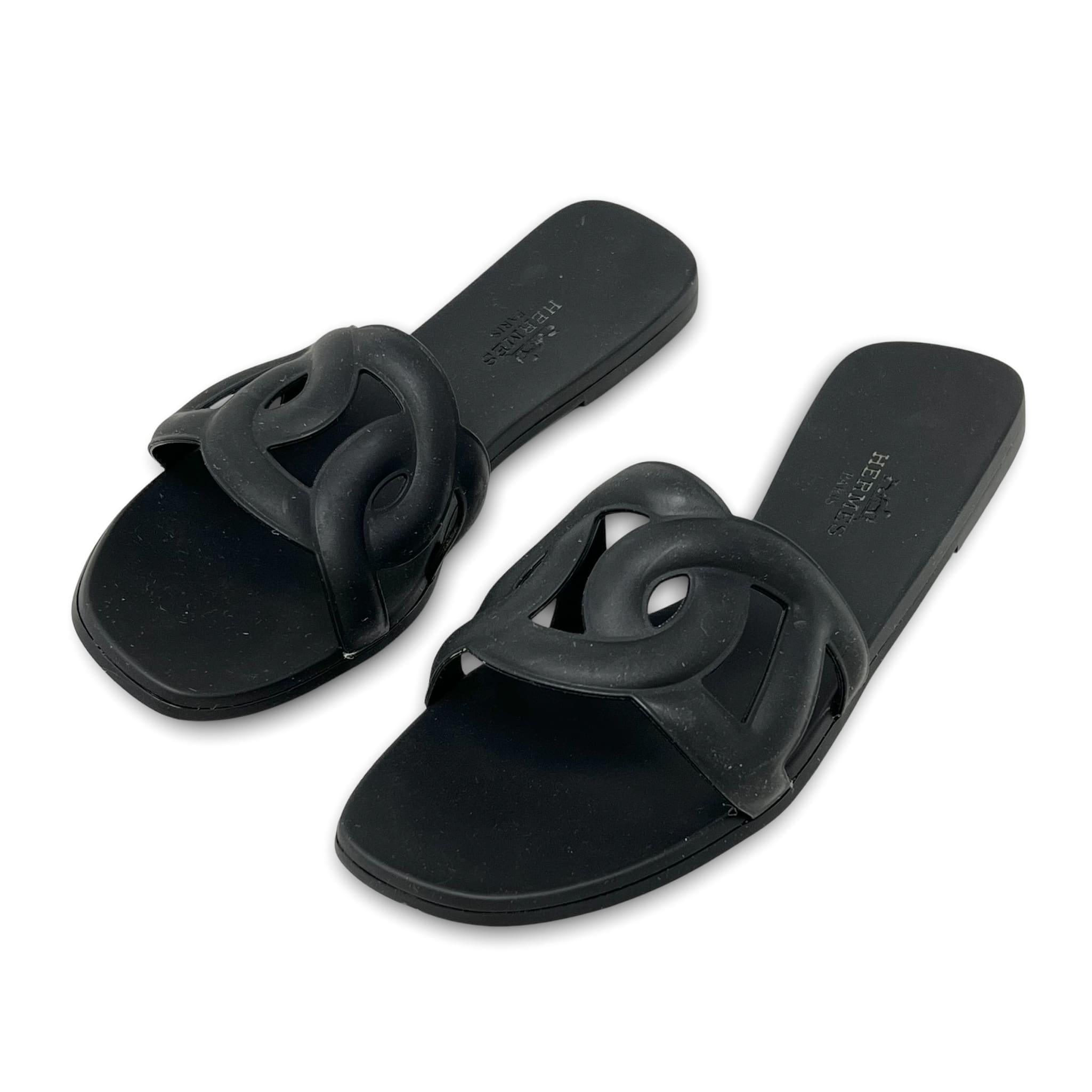 Hermes Noir Rubber Aloha Sandals 35 | Jadore Couture
