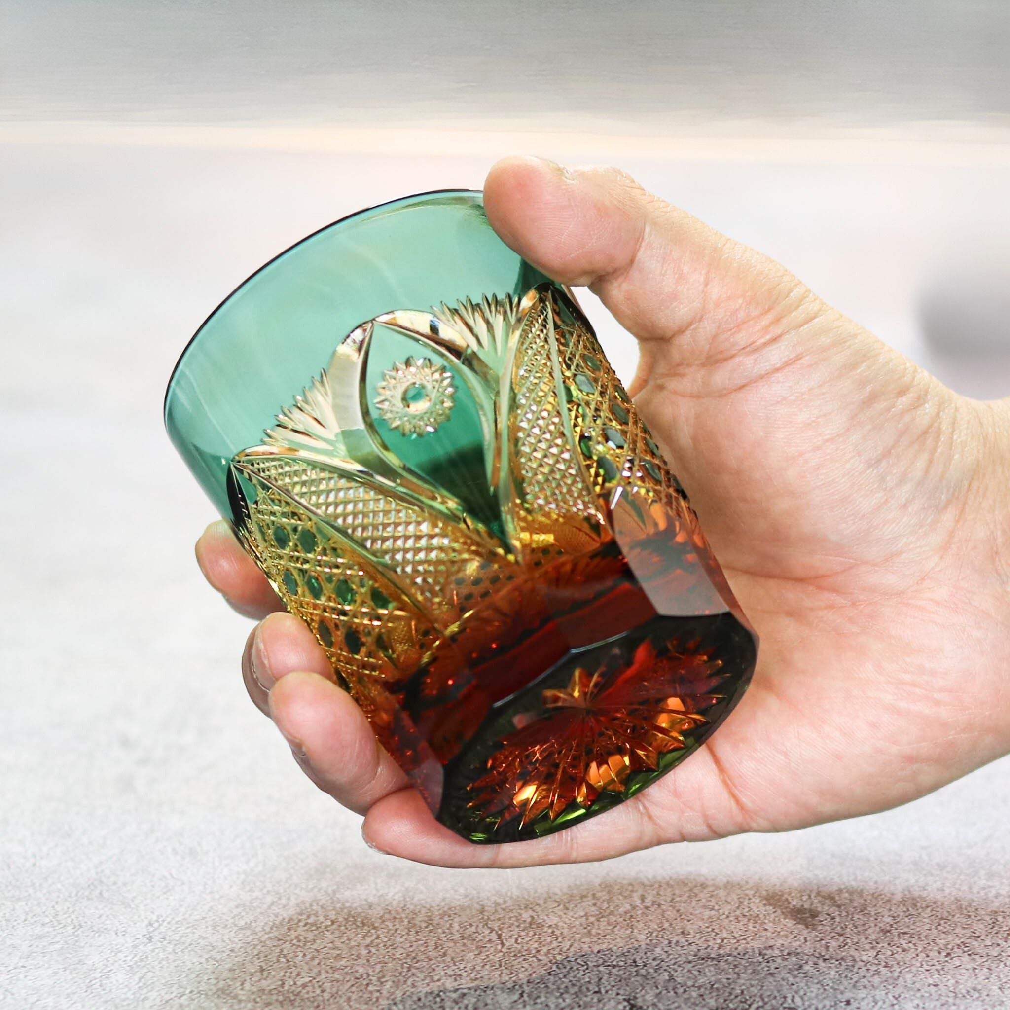 綾ガラス グラス | 綾切子 オールドファッション | 琥珀 グリーン