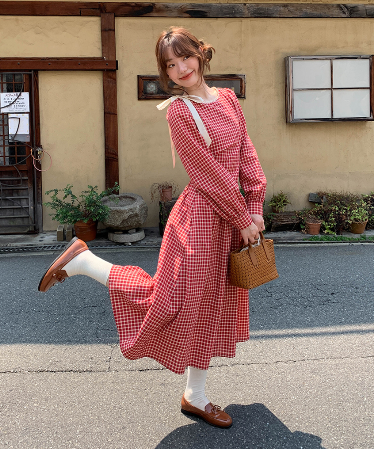 サイドリボンギンガムチェックレトロワンピース – jemiremi（ジェミレミ）