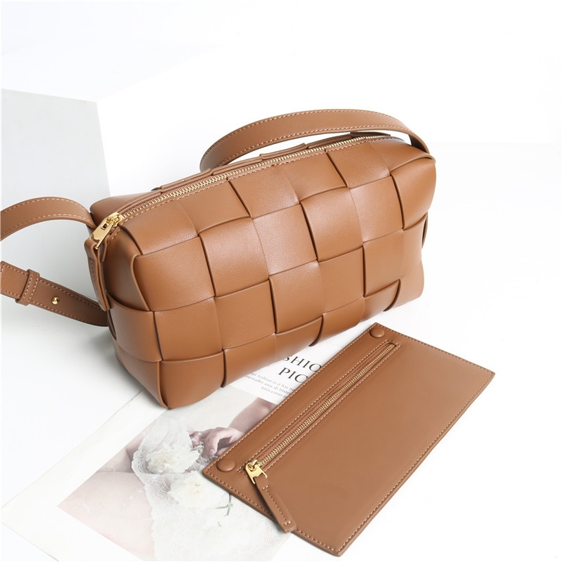 ブラウンレザー織りジッパーショルダーバッグキューブトレンドサマー