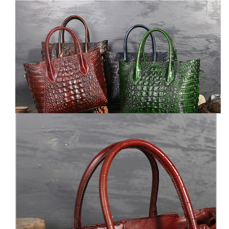 ブラウン クロコ型押し レザー トート バッグ レトロ ハンドバッグ