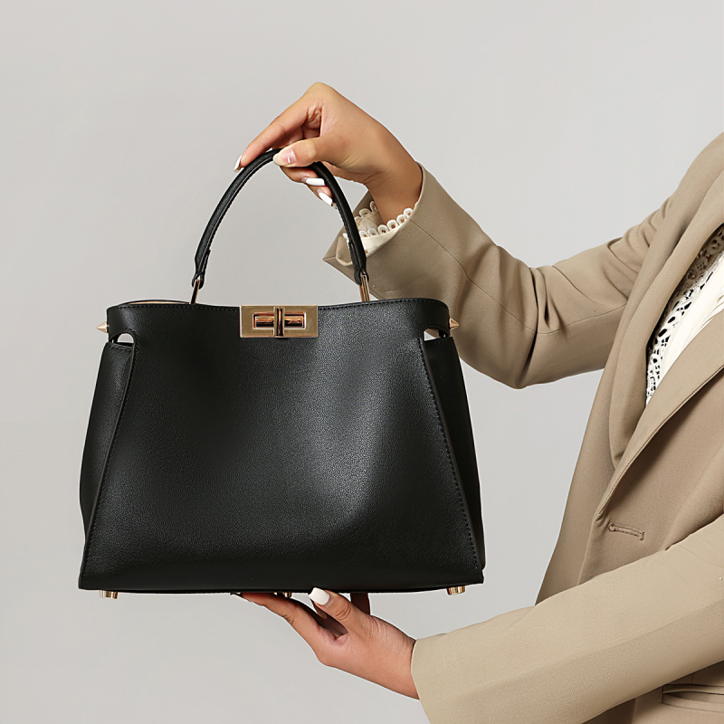 通勤 オフェンス レディース レザー ハンドバッグ 本革 黒バッグ