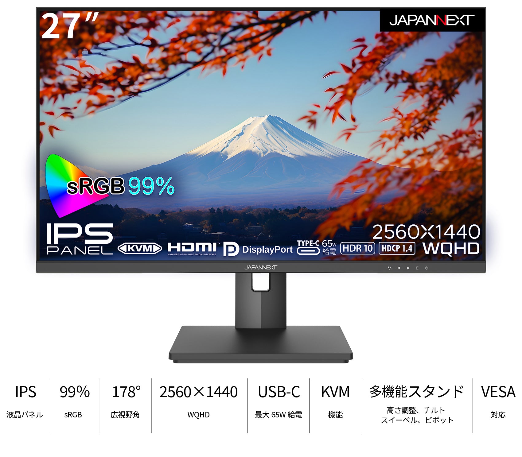 JAPANNEXT IPSパネル搭載27インチ WQHD解像度USB-C給電対応液晶