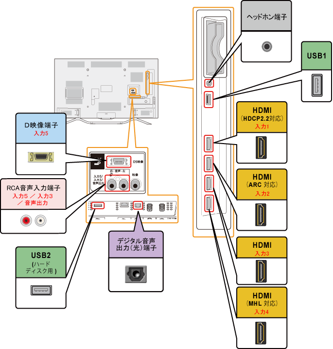 液晶テレビ（AQUOS）LC-50U20／LC-40U20 背面端子 配置図：シャープ