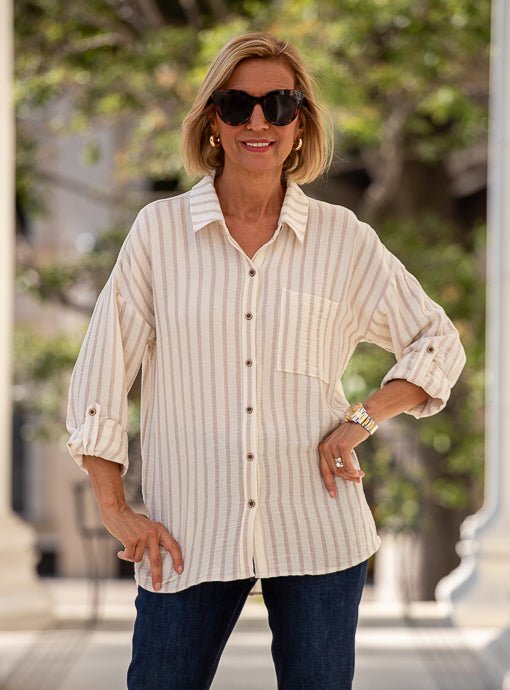 Cream Taupe Stripe Gauze Shirt With Roll Up Sleeves – Just Style LA