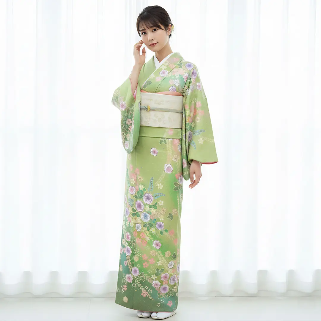 緑地に辻が花調の訪問着（袷）（ポリエステル） | 宅配着物レンタルの