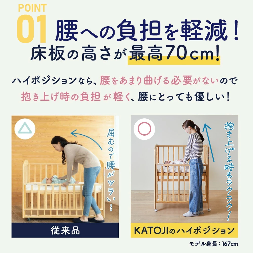 屈まずに赤ちゃんのお世話ができるハイポジション ベビーベッド