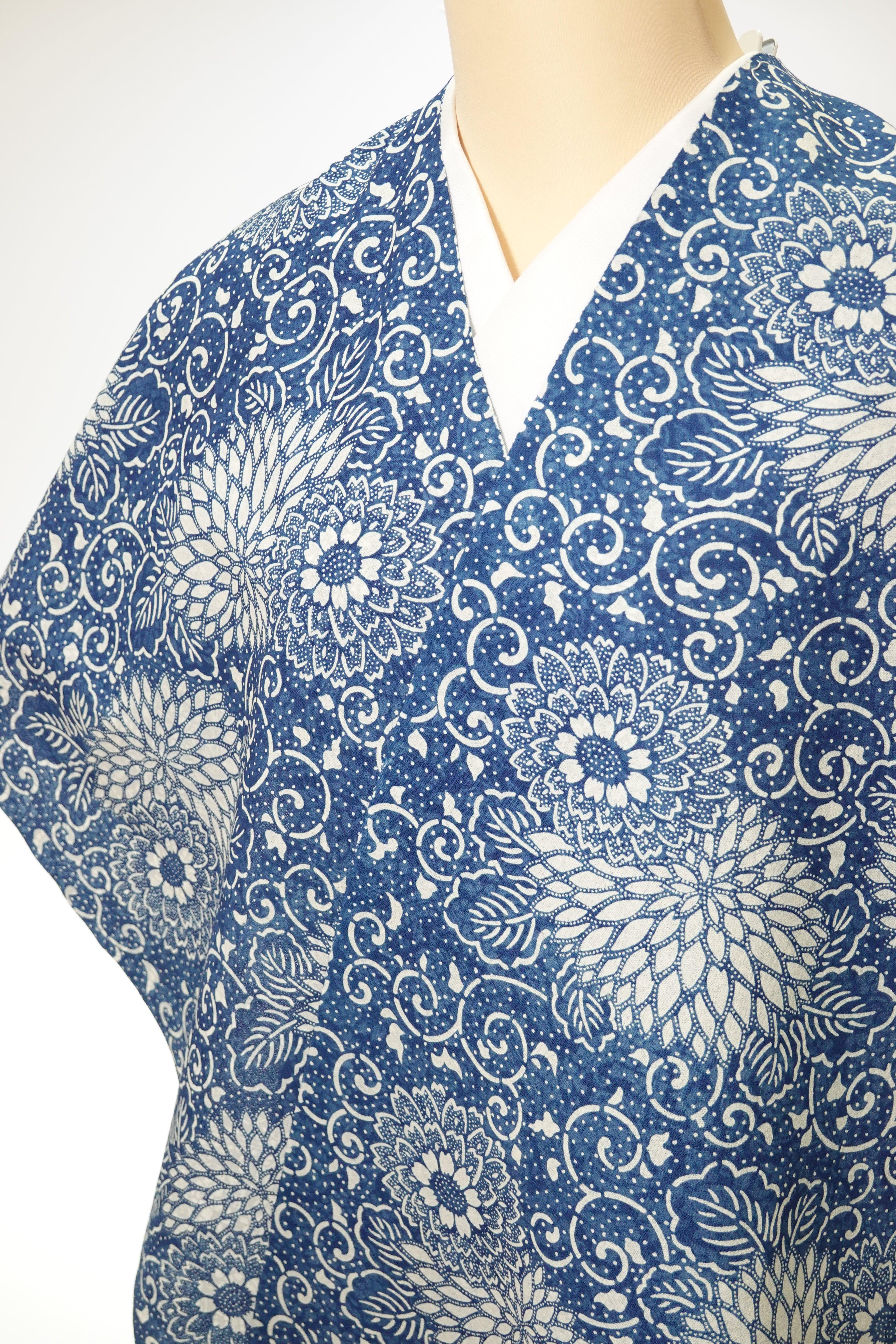 長板中形】長板正藍染 綿縮緬両面異柄 初山寛〈無形文化財〉浴衣地