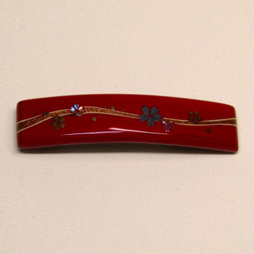 輪島塗 バレッタ (中) 長方形 -流水桜の蒔絵仕上げ- [朱色] 梨地、螺鈿