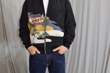 黒留袖リメイクブルゾン 松と御所車柄 ユニセックスシルクジャケット