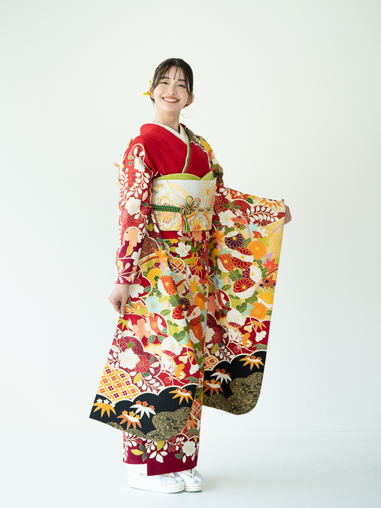 高級十日町友禅の振袖レンタル】赤色・豪華花尽くしの古典柄・メーカー