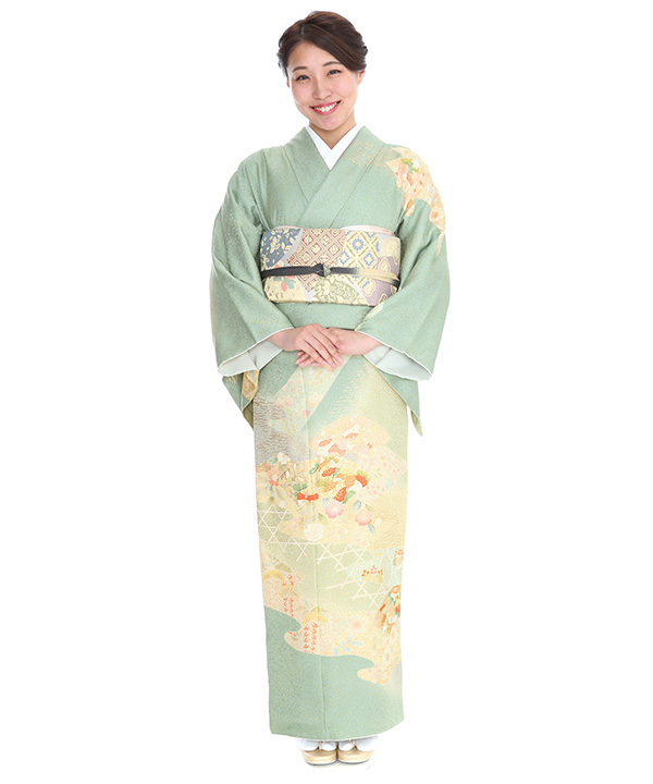 訪問着レンタル｜薄緑に籠目と扇面｜H0090｜L｜宅配着物レンタル