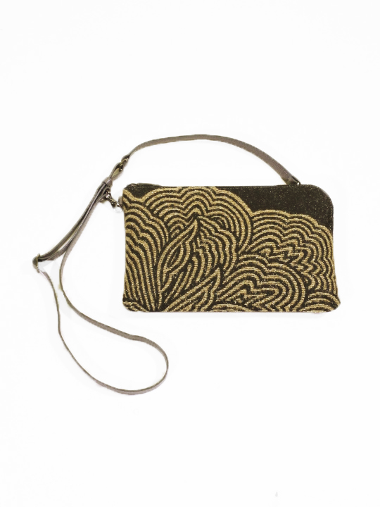 サコッシュ L 24-12-2 箔モール縞ボタン クロ×ゴールド（革グレー