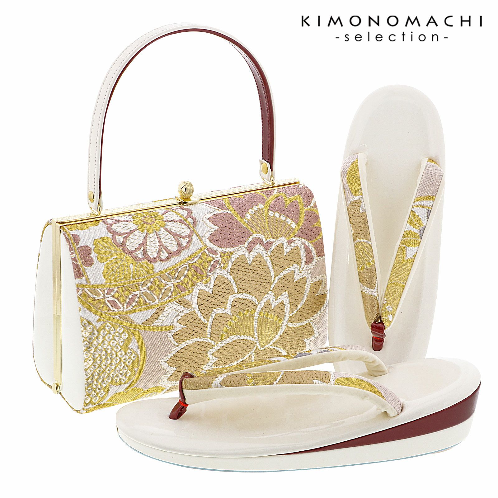 振袖 草履バッグセット「白 ピンクベージュ、八重桜に梅菊」LLサイズ