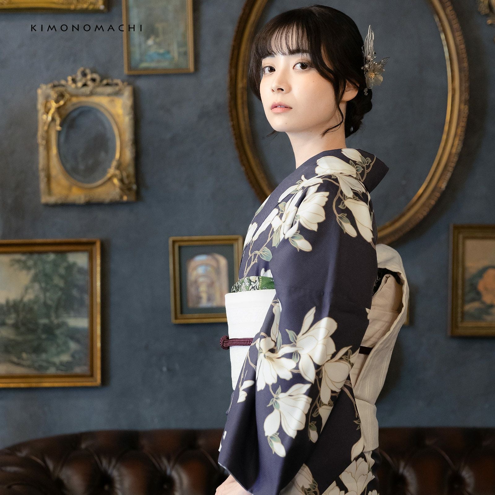 洗える着物 セット「袷着物：白木蓮 藤墨色＋京袋帯：献上鳥更紗