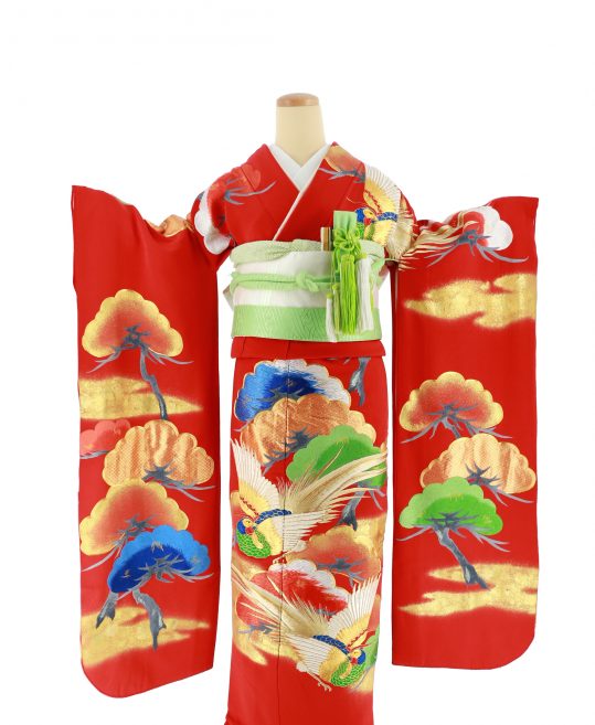 結婚式の大振袖・引き振袖・花嫁用振袖|朱赤地に松と鳥柄 No.100｜着物