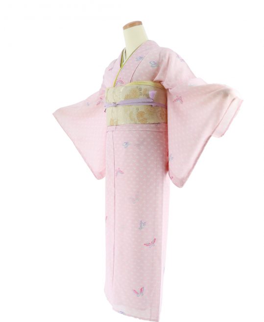 真夏用小紋【7・8月用・絽】ピンクに白・蝶・絞り風[身長163cmまで]No