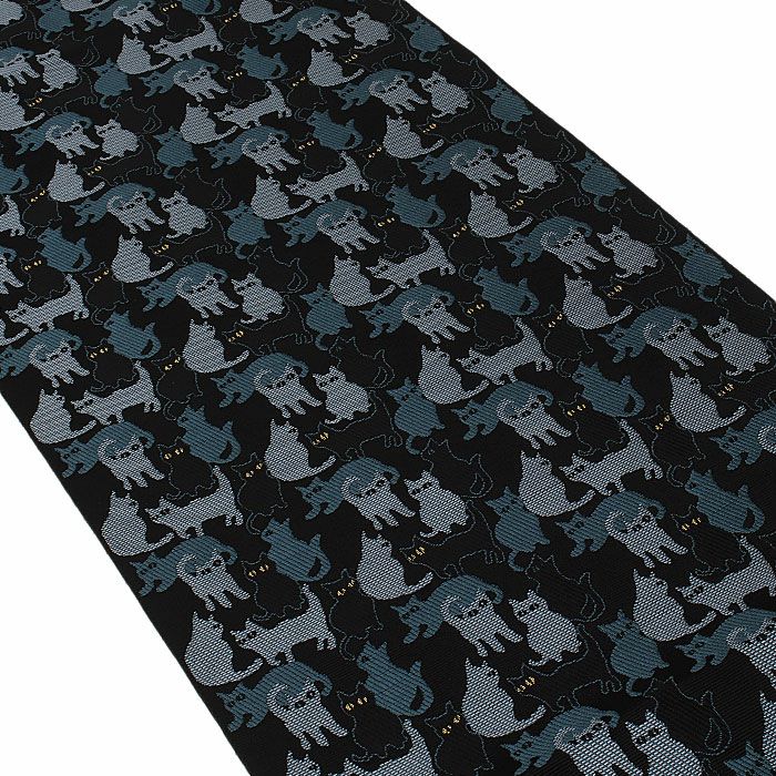 名古屋帯 博多帯 博多織 帯 八寸 黒 猫 協和織工場 正絹 仕立て上がり