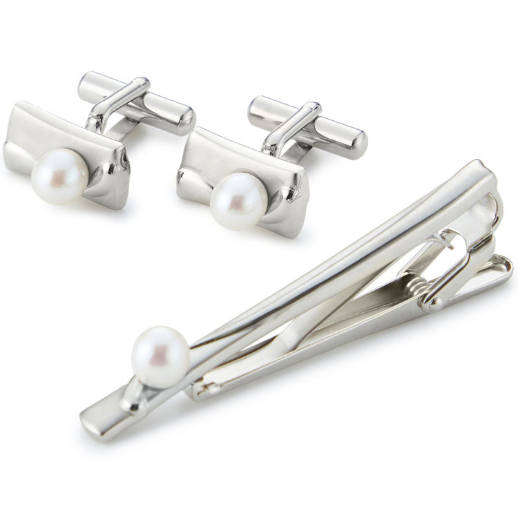 Donato Vinci Italy】ネクタイピン＆カフスセット/シルバー×本真珠