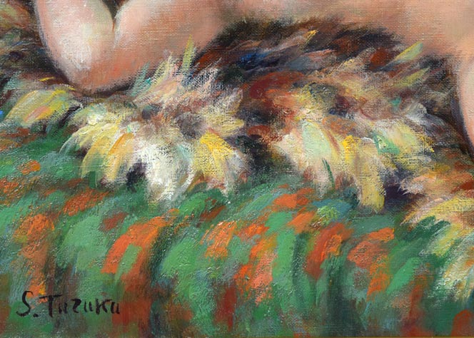 都竹伸政「毛皮と裸婦」油絵・仏P10号 絵画買取・販売の小竹美術