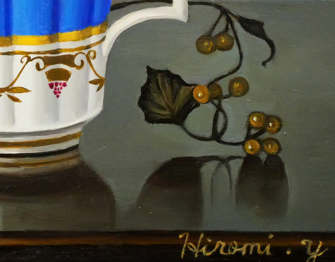 油絵 菅家令子絵 絵画インテリア額付(青緑＋金色の枠)uF6-063004ぶどう