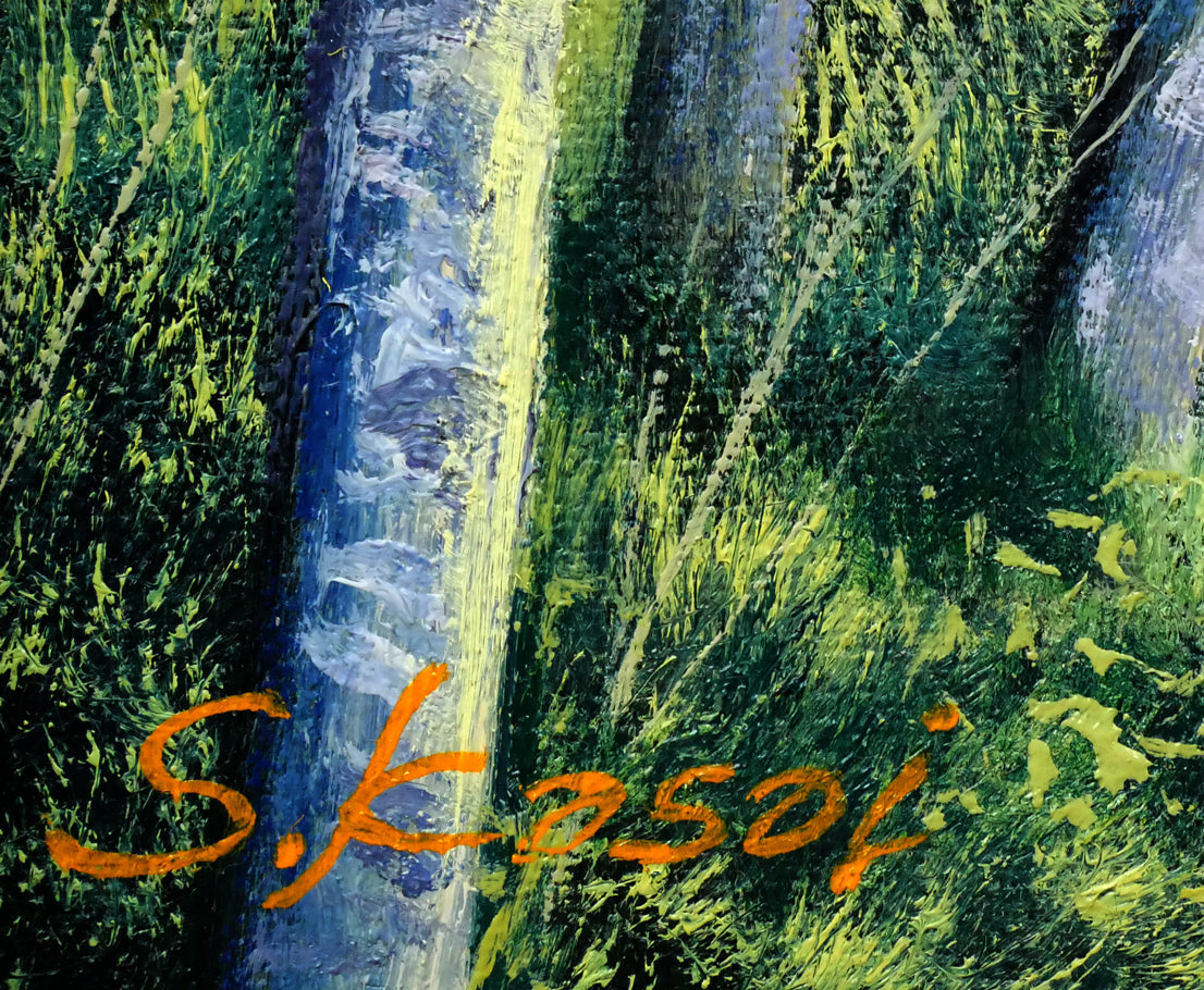 葛西俊逸「水辺の休日」油絵・P8号 絵画買取・販売の小竹美術