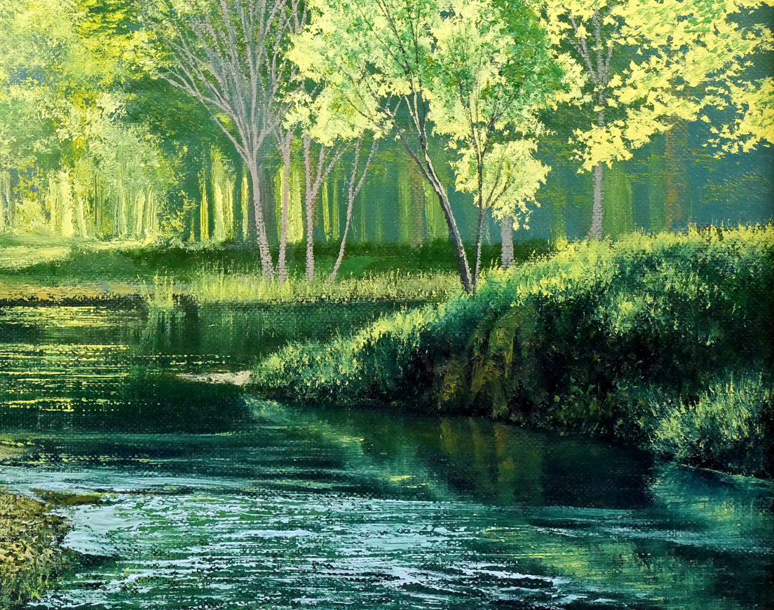 葛西俊逸「水辺の休日」油絵・P8号 絵画買取・販売の小竹美術