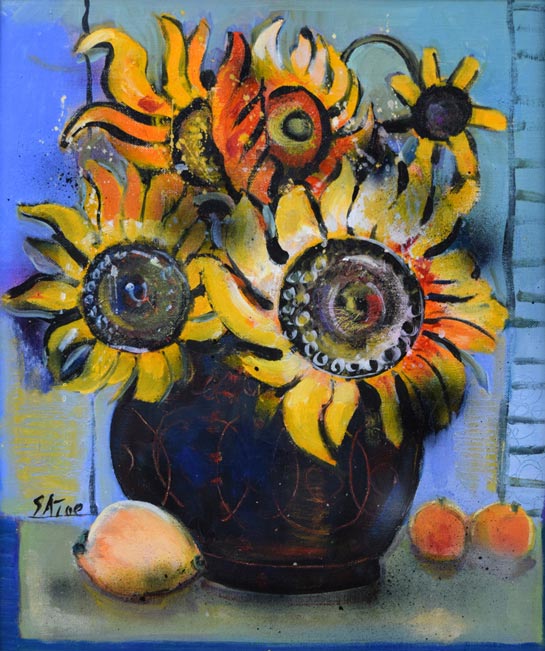 真作保証】古沢岩美「ひまわり」油彩10号 直筆サイン 裏書き有り 額装